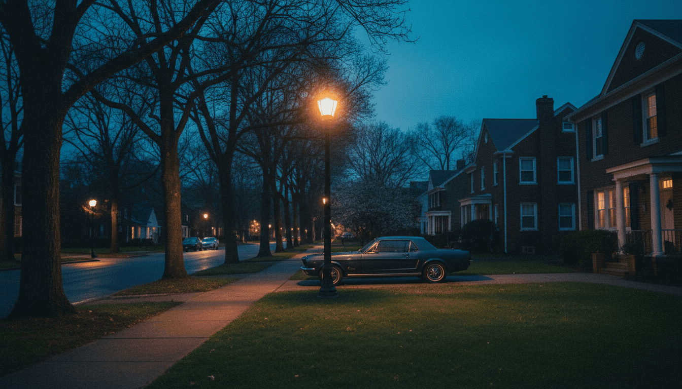 Quiet street at dusk in a residential neighborhood