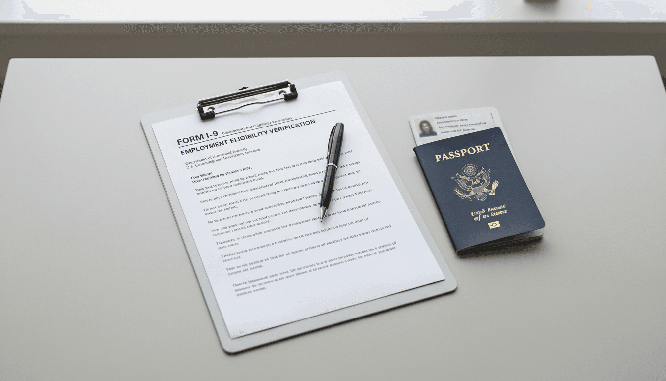 I-9 form and passport on a desk