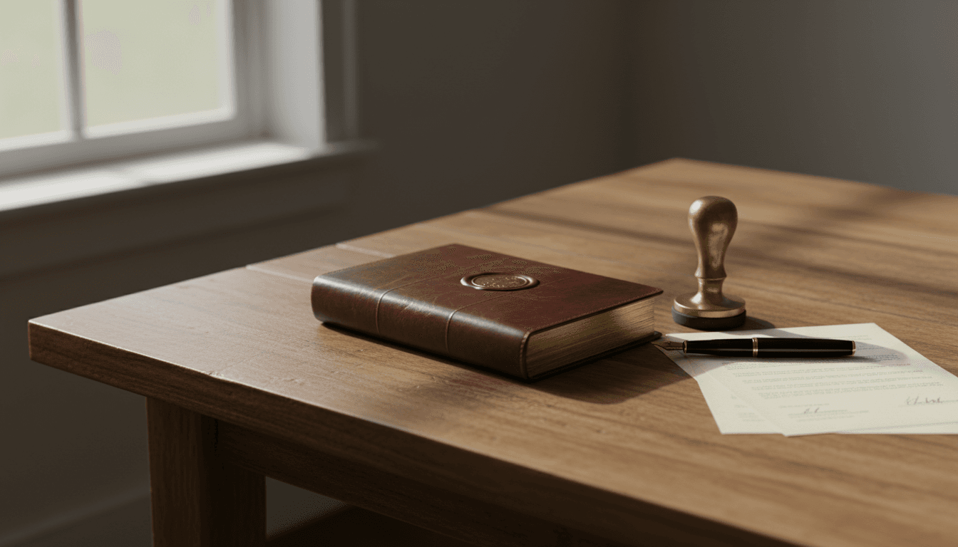 Notary stamp and journal on a wooden table in a home setting