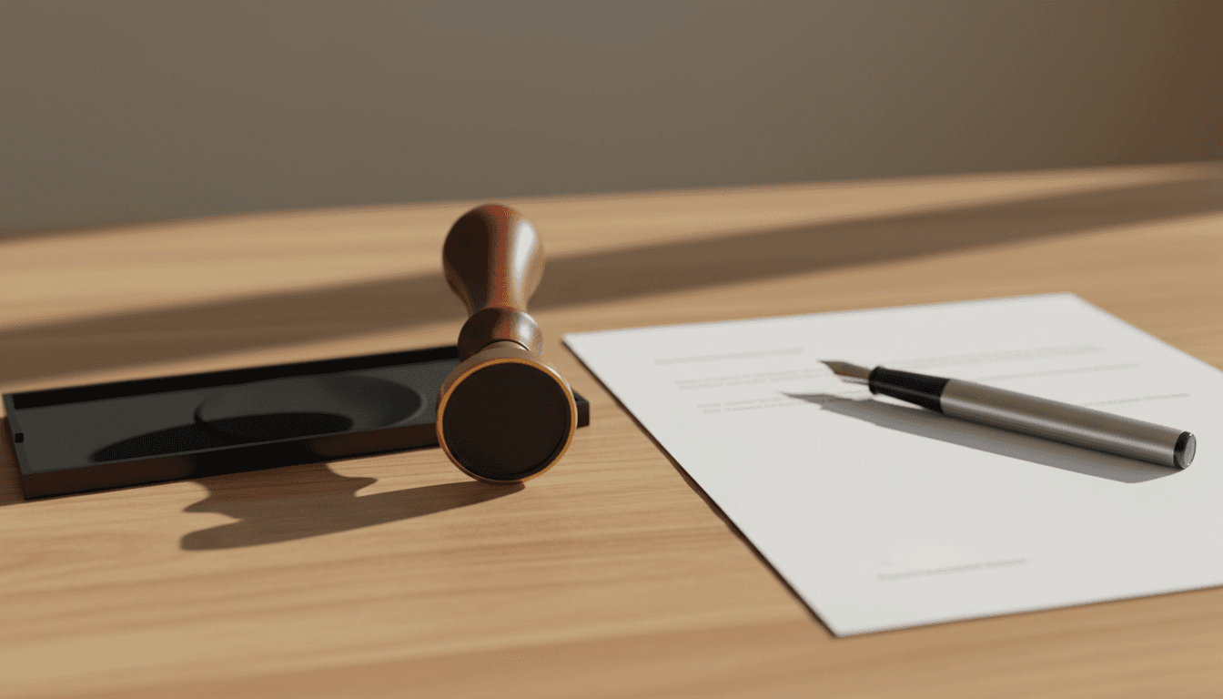 Notary stamp and ink pad on a wooden table