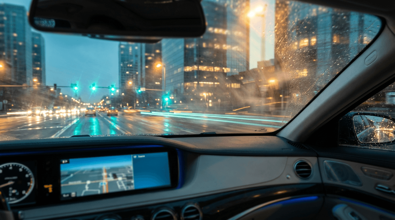 View through car windshield of a Louisville street