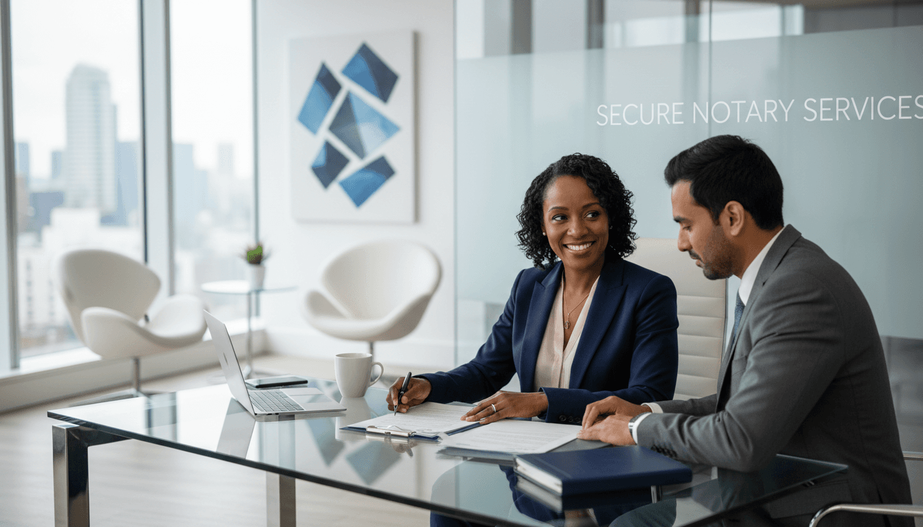 Professional notary reviewing loan documents with client at modern glass desk in bright office