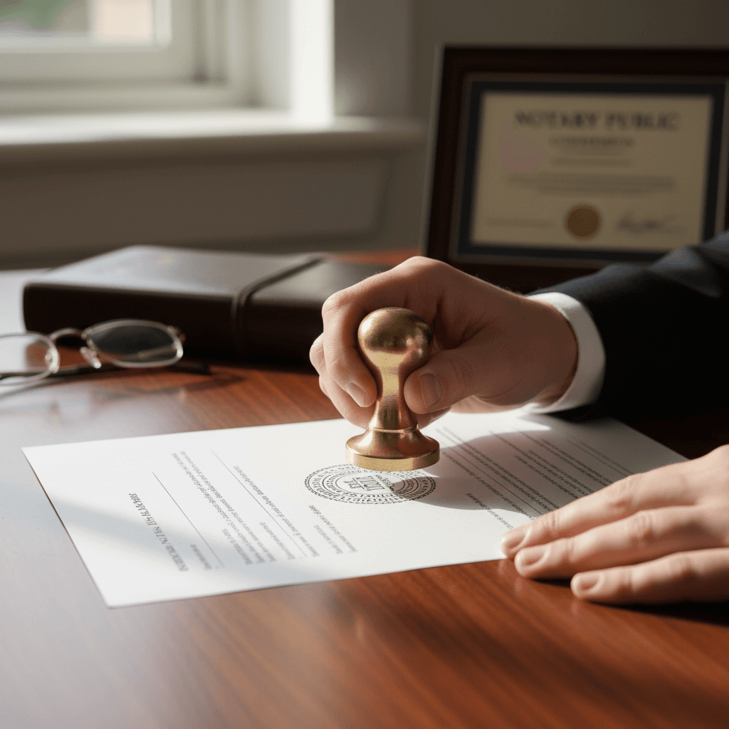 Notary stamping a document on a wooden table in a home setting