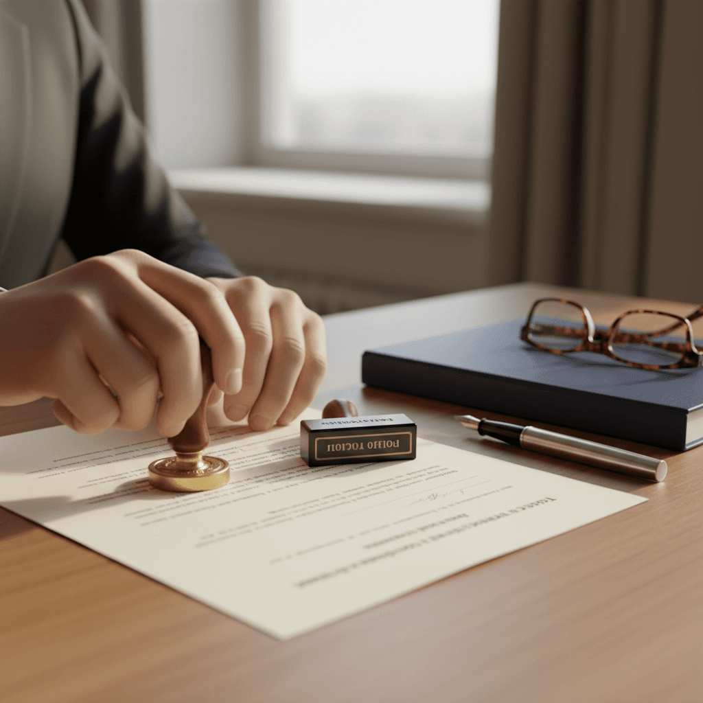 Hands stamping a notary document on a desk