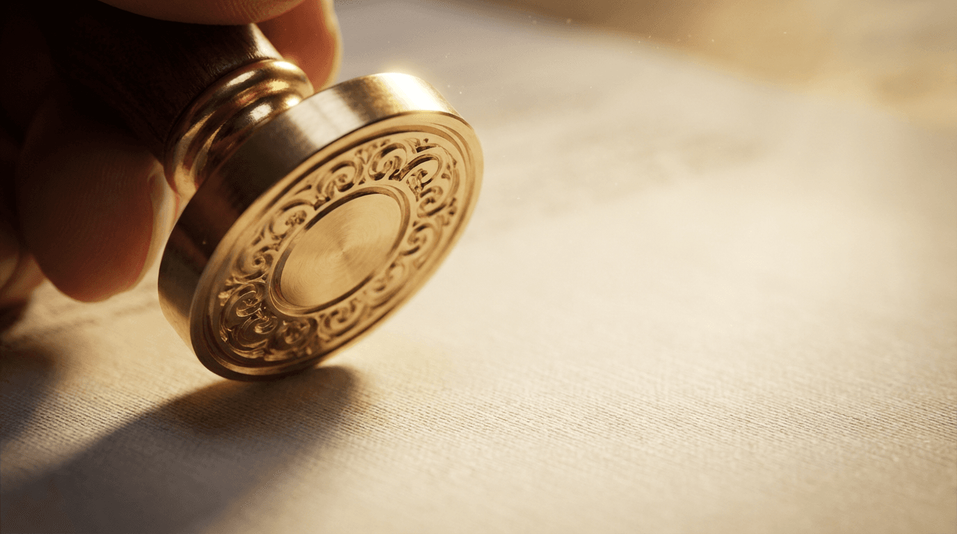 Close-up of a notary's hands stamping a document on a wooden table with soft natural light