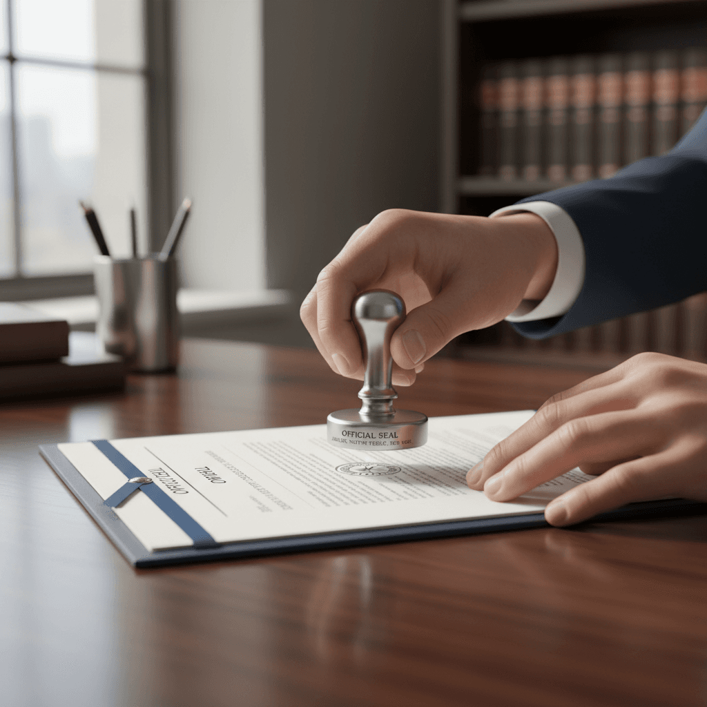 Notary stamp on loan documents on table